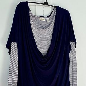 UNIQUE LAYERED TOP NAVY SOLID/STRIPE KNIT CHICO’S SIZE 2/LARGE NICE